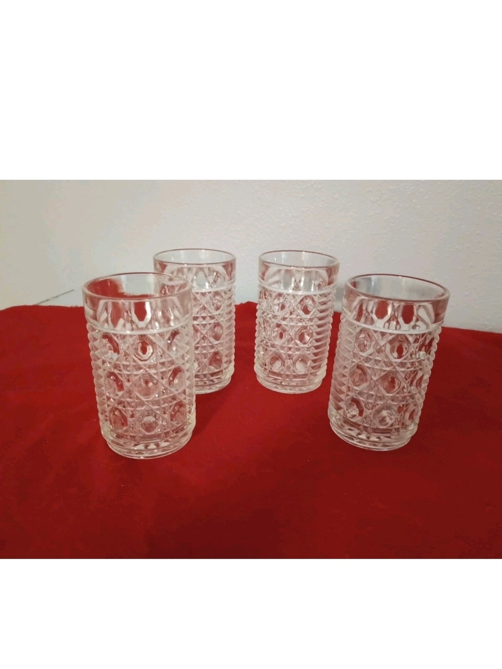 Clear Pressed Glass Tumbler Set Button and cane. - 4 Pack